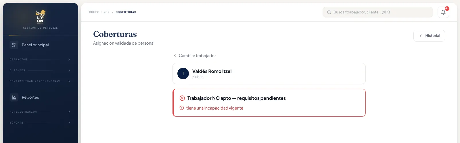 Regla del sistema que bloquea la asignación de una persona ficticia por incumplir requisitos y muestra el motivo.