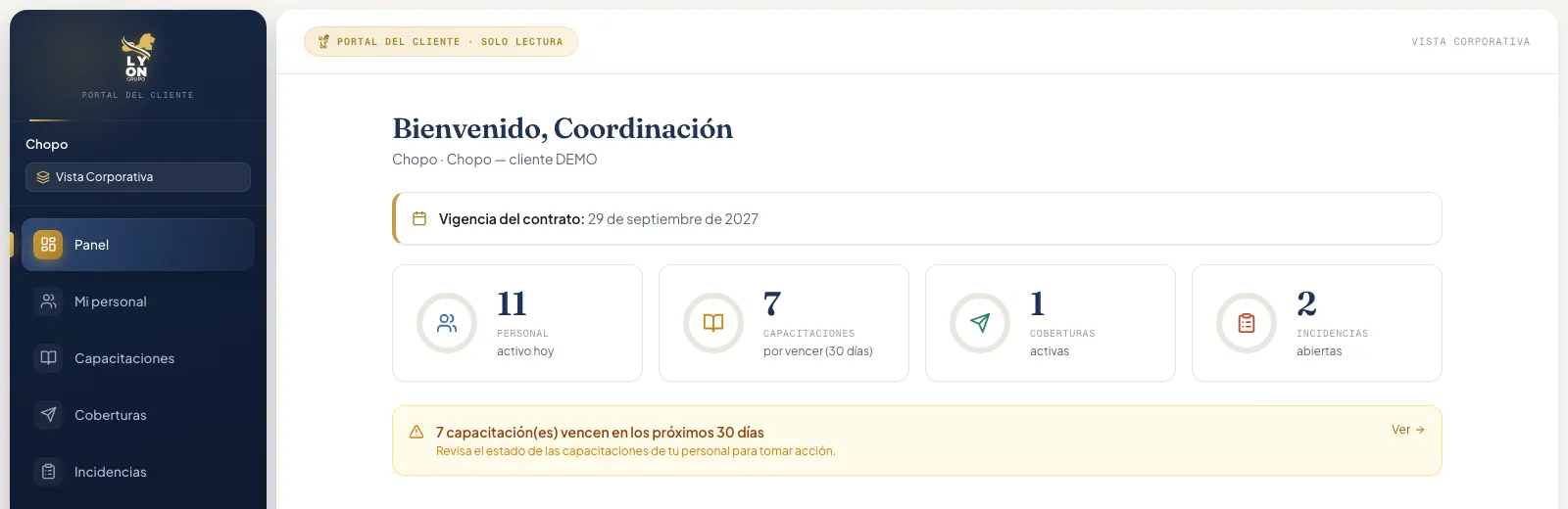 Panel demo del portal para clientes de Grupo Lyon con vigencia, personal, capacitaciones, coberturas e incidencias.