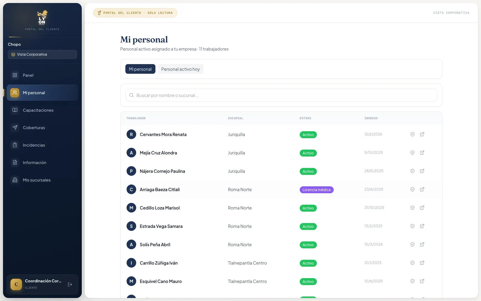 Vista demo del portal de Grupo Lyon con el personal asignado y su información de cumplimiento.