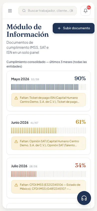 Vista móvil del cumplimiento consolidado del ambiente demo para todas las entidades, con tres tarjetas mensuales de los últimos tres meses.