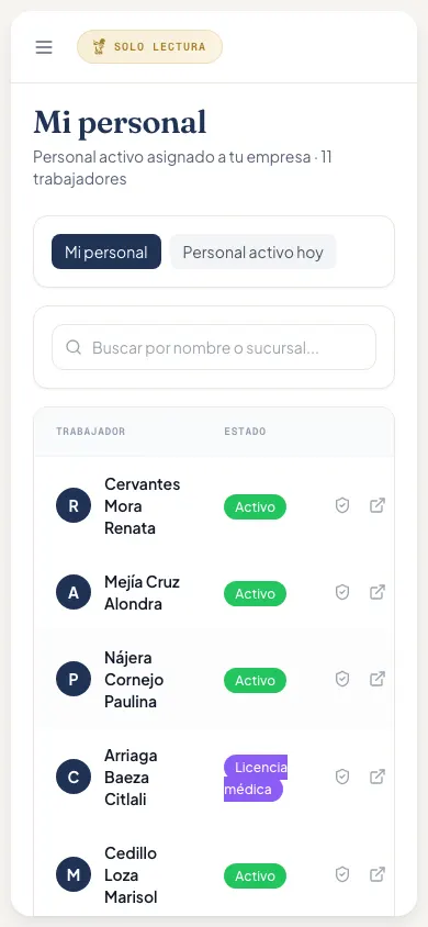Vista móvil demo del portal para clientes de Grupo Lyon con resumen del personal y sus controles.